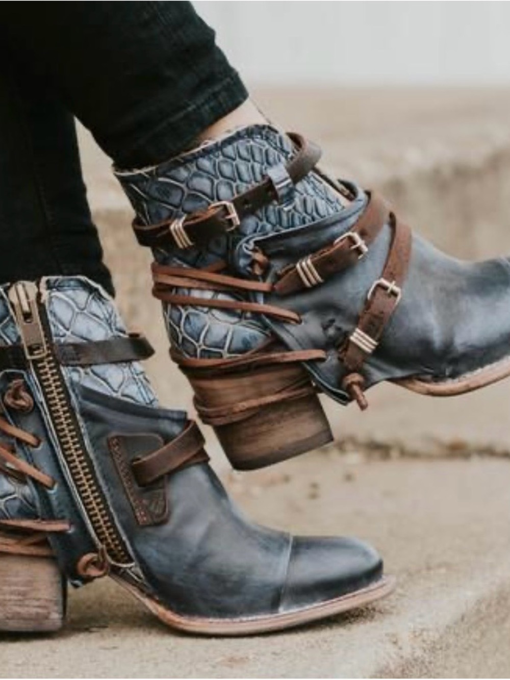Freebird by Steven Crue Distressed Navy/Multi Leather Ankle Boots
